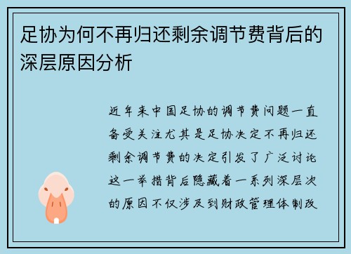 足协为何不再归还剩余调节费背后的深层原因分析 足协为何不再归还剩余调节费背后的深层原因分析