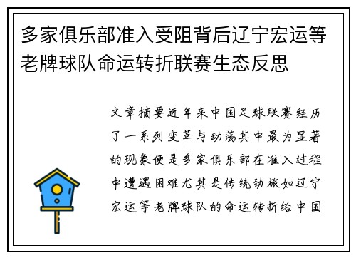 多家俱乐部准入受阻背后辽宁宏运等老牌球队命运转折联赛生态反思